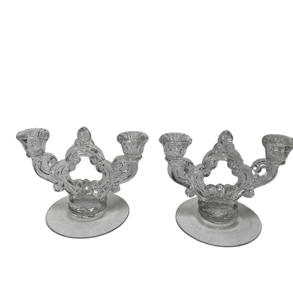 2 Cambridge Glass Key Hole Double Candlesticks Etched Base Candle Holders Vtg‎